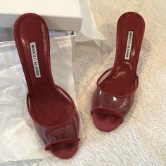 Manolo Blahnik “Jadifa” Pvc And Red Suede Mules With 70mm Heel From 2023 (Purchased On Net-A-Porter) Size 39 (I Wear An 8.5 Or 9). Red Suede With Clear Pvc Sandal In Original Box With Original Packaging. Some Wear On Bottom Of Shoe, But Only Worn 2 Times. Luxury Red Heels With Single Toe Strap, Red Single Toe Strap Heels For Formal Occasions, Red Heels With Single Toe Strap For Formal Occasions, Red Heels With Wrapped Heel And Single Toe Strap, Designer Closed Toe Sandals With Red Sole, Designer Red Sandals With Padded Heel, Designer Red Pointed Toe Sandals, Designer Red High Heel Sandals, Red Sandals With Wrapped Heel