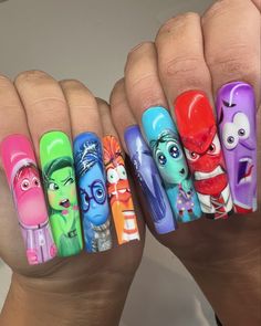 INSIDE OUT 2 nails .. photo dump🧠🌈☁️ Which emotion do you relate to the most???? Swipe for a closer look of the thumbs👉🏼👉🏼👉🏼 #insideout2 #disney #pixar #disneynails #insideoutnails #explore #handpainted #nailart #disneypressons #emotions Nail Idea