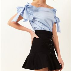 This Adorable Off-The-Shoulder Blouse Is Simple And Sweet. The Sleeves Are Ruched With Ribbons Tied On Either Side For A Sweet, Feminine Look. Easy To Style. *Product Specification Cotton 70% Polyester 30% Runs Small Fit Us Size M Chic Summer Tied Blouse, Chic Tied Blouse For Summer, Summer Party Tops With Tie Sleeves, Blue Summer Blouse With Tie Sleeves, Chic Fitted Blue Off-shoulder Top, Blue Fitted Chic Off-shoulder Top, Chic Tied Blouse For Spring, Chic Blue Blouse With Tie Sleeves, Bow Tie Top