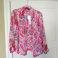 Elegant And Pretty Blouse Elegant V-neck Shirt With Floral Print, Casual Printed Silk Blouse, Casual Silk Printed Blouse, Elegant Summer Shirt With Paisley Print, Long Sleeve Paisley Print Shirt For Spring, Multicolor Paisley Print Shirt For Spring, Spring Multicolor Paisley Print Shirt, Chic Floral Print Silk Shirt, Pink Silk Button-up Blouse