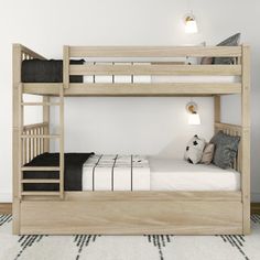 the bunk bed is made up and ready to be used as a child's room