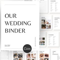 the wedding binder is shown with photos and text