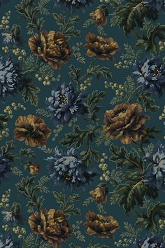 a blue and brown flowered background with lots of green leaves on it's sides