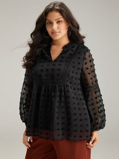 Shop Polka Dot Frill Trim Mesh Blouse now and redefine your style with confidence at BloomChic. Tailored for mid and plus-size women. This trendy Tops Women, sizes 10-30. Season:Winter;Color:Black;Style:Elegant;Pattern Type:Plain;Neckline:Notched collar;Sleeve Type:Lantern Sleeve;Details:Lace, Patchwork, See through, Lined, Texture, Elastic cuffs, Frill Trim;Pocket:No-pocket;Snap Fastener:No-snap fastener Casual Button-up Polka Dot Blouse, Casual Polka Dot Button-up Blouse, Elegant Polka Dot Button-up Tops, Shirred Blouse, Black Ruffled Button-up Blouse, Long Sleeve Polka-dot Blouse With Button Closure, Mesh Blouse, Womens Trendy Tops, Size 10 Women