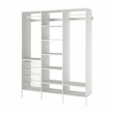 a white closet with shelves and baskets on the bottom shelf, against a white background