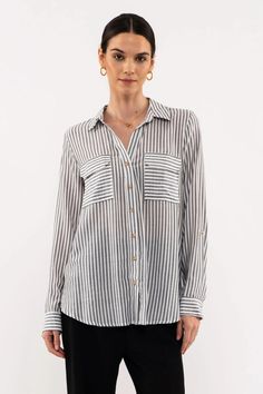 Introducing Sammy's Stripes: the perfect blend of office-approved and fun-loving fashion! Our lightweight blouse features a classic double pocket and button up design adorned with faded black stripes 100% Rayon - so you can go from the boardroom to the bar in effortless style! Pepper Color, Roll Up Sleeves, Collar Top, Woven Top, Striped Fabrics, Online Tops, Wholesale Clothing, Black Media, Black Stripes