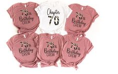 six shirts with the words birthday crew printed on them, all in pink and white