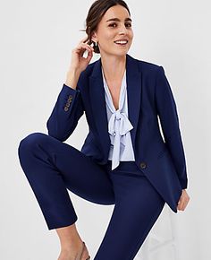 Elevate your wardrobe with the Ann Taylor Petite Long One Button Blazer in Pure Sapphire. This meticulously tailored piece is designed to enhance your silhouette while providing comfort from morning to evening. 

- Size: Petite 16
- Color: Pure Sapphire
- Material: Shell - 66% Polyester, 28% Rayon, 6% Spandex; Lining - 100% Polyester
- Gender: Female
- Fit: Tailored
- Length: Hits at hip, approximately 24 1/2" long
- Features: Peaked lapel, one-button front, long button-open sleeves, front besom Waist Length Blazer, Women’s Navy Blue Suit, Navy Blue Woman Suit, Business Casual Patterned Pants, Woman Suit Fashion Wedding Guest, Womens Suits Business Petite, Women’s Navy Suit Outfit, Women's Suit Outfit, Women Navy Suit Outfit