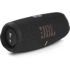 the jbl portable speaker is black and has red letters that read jbl on it