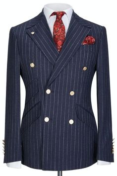 This Navy Blue Lapel Gold Button Double Breasted Striped Men Two Piece Suit at Bradymensuit comes in all sizes for wedding and business. Shop an amazing selection of Peaked Lapel Double Breasted Dark Navy mens suits in cheap price. Royal Blue Long Sleeve Suit For Wedding, Elegant Double-breasted Suit Set For Groom, Elegant Three-piece Wedding Suit With Double Button, Elegant Double-breasted Sets With Button Closure, Tailored Royal Suits For Wedding, Elegant Suits With Gold Buttons, Royal Tailored Suits For Semi-formal Occasions, Elegant Double-breasted Groom Suits, Luxury Royal Blue Suits For Semi-formal Occasions