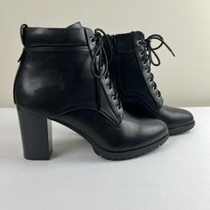 Nwb Style & Co Black Lucille Faux Leather Size 10m Lace Up Ankle Boots Brand: Style & Co Style: Lucille Size: 10m Color: Black Condition: New With Box *Box Is Damaged, However, I Ship The Box Within A Box So Boot Is Still Protected, Just Wanted To Make This Known So It Wasn't A Surprise When Received Material: Faux Leather Flaws: There Is A Small Scuff On The Side Of The Left Shoe As Shown In Photo Heel: 3 1/4" Faux Leather Lace-up Ankle Boots With Zipper, High Heel Lace-up Boots For Workwear In Fall, Faux Leather High Ankle Lace-up Boots For Work, High Heel Lace-up Boots For Winter Workwear, Faux Leather Heeled Boots With Reinforced Heel, Ankle-high Faux Leather Heels For Work, Winter Faux Leather Ankle Boot Heels, Synthetic Ankle Heeled Boots For Workwear, Synthetic Ankle Boots For Work