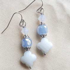 I Made These Earrings With "Moonstone" Beads, Baby Blue Glass Beads, Beads Caps, And White Quatrefoil Glass Beads. Lightweight Silver Tone White Czech Glass Dangle Jewelry, Elegant White Beaded Earrings With Czech Glass, Elegant White Czech Glass Beaded Earrings, White Beaded Czech Glass Earrings, White Czech Glass Beaded Dangle Earrings, White Czech Glass Beaded Earrings, Adjustable White Earrings With Spacer Beads, Blue And White Crystal, Nautical Earrings