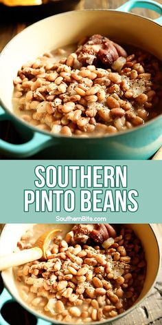 southern pinto beans in a blue pot with wooden spoon and text overlay that reads southern pinto beans