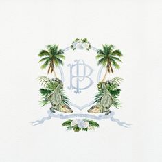 a watercolor painting of two palm trees with the initials b and c on them