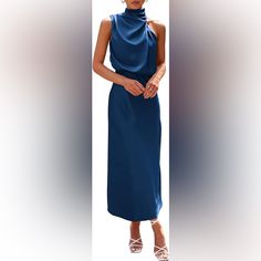 Super Elegant Satin Dress With Mock Neck. Perfect To Wear To A Wedding Or Fancy Night Out. Brand: Prettygarden Size: Medium (Us 8-10) Color: Dark Blue Material: Satin Condition: New With Tags (Nwt) Smoke-Free And Pet-Free Household. Blue Sleeveless Dress For Spring Wedding, Blue Sleeveless Wedding Dress For Spring, Elegant Blue Halter Neck Evening Dress, Blue Sleeveless Spring Evening Dress, Chic Satin Sleeveless Bridesmaid Dress, Blue Midi Sleeveless Dress For Party, Fitted Blue Sleeveless Dress For Bridesmaids, Blue Maxi Length Sleeveless Party Dress, Sleeveless Blue Maxi Dress For Evening