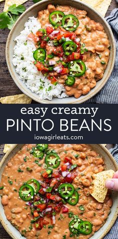 two bowls filled with beans, rice and green peppers next to tortilla chips