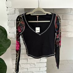 Freepeople, Size S, V Neck, Mesh Embroidered Long Sleeve Shirt. Casual V-neck Top With Embroidered Sleeves, Black V-neck Tops With Floral Embroidery, Black Long Sleeve Top With Embroidered Sleeves, Black Tops With Embroidered Sleeves For Fall, Casual Crew Neck Top With Embroidered Sleeves, Fitted Spring Tops With Embroidered Graphics, Fitted Tops With Embroidered Graphics For Spring, Fall Embroidered Sleeve Fitted Tops, Fall Floral Embroidered V-neck Top