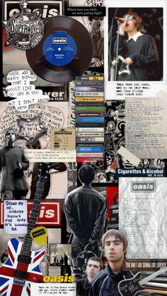 a collage of various pictures and words with the same person holding a guitar in front of them