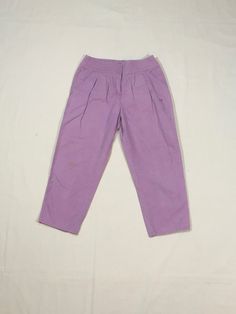 "1990s womens cropped capri pants OP Ocean Pacific cotton light purple zip fly w/velcro waist top 2 front pockets pleats at waist good vintage condition, light wear light stains (see photos) label size 13, smaller, see below measures, lying flat, waist-14 1/2\" rise-12\" inseam-23\" hem-7\" hip-22 1/2\" outset-34\"" Cropped Cotton Bottoms With Pockets, Cropped Cotton Pants With Pockets, Purple Tapered Leg Bottoms For Spring, Casual Solid Color Cropped Pants, Casual Solid Cropped Pants, 90s Style High Waist Cotton Pants, Casual Cropped Cotton Bottoms, Purple Relaxed Fit Pants For Summer, Solid Cropped Pants For Spring