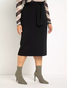 Tie Waist Midi Skirt | Women's Plus Size Skirts | ELOQUII Versatile Midi Length Relaxed Skirt, Spring Stretch Midi Length Pencil Skirt, Comfortable Versatile Midi Skirt, Chic Stretch Midi-length Pencil Skirt, Versatile Flowy Skirt For Work, Chic Knee-length Maxi Skirt For Office, Chic Stretch Midi Length Pencil Skirt, Stretch Midi Skirt For Fall, Relaxed Midi-length Pencil Skirt