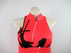 "Vintage 1960s early 70s maxi dress. Made of polyester. Color is red, black and white. Asian inspired. Has a halter style collar with three buttons. Empire waist. Floor length. Made by Jantzen. Size medium. Actual measurements are: 25\" (stretches to 29\") around the waist 32\"(stretches to 36\") around the hips 60\" overall length 29.5\" side vents In very good condition." Fitted Halter Neck Lined Maxi Dress, Red Retro Maxi Dress For Summer, Retro Red Maxi Dress For Spring, Red Halter Dress For Summer Formal Events, Red Halter Dress For Summer Formal, Fitted Retro Summer Halter Dress, Fitted Retro Halter Dress For Summer, Retro Sleeveless Party Maxi Dress, Retro Sleeveless Maxi Dress For Party