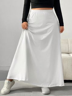 Plus Size Solid Color Elastic Waist A-Line Casual Skirt White Casual   Knitted Fabric Plain Flared Medium Stretch  Women Plus Clothing, size features are:Bust: ,Length: ,Sleeve Length: Long Skirt Plus Size, Long White Skirt, White Long Skirt, Sports Pants Women, Skirt White, Plus Size Skirts, White Skirt, Casual Skirt, Kids Sleepwear