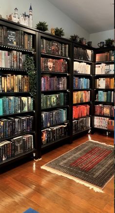 a room filled with lots of books on top of wooden shelves next to a rug