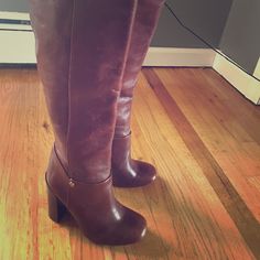 Never Worn To Small For My Daughters Foot. Beautiful Leather Heeled Boots. Chic Leather Knee-high Boots With Closed Toe, Leather Boots With 4-inch Heel For Fall, Chic Knee-high Boots With Leather Lining Round Toe, Leather Heeled Boots With 4-inch Heel And Round Toe, Leather Knee-high Boots With 4-inch Heel, Leather Boots With 4-inch Heel And Round Toe, Leather Heeled Boots With 4-inch Heel And Closed Toe, Leather Boots With 4-inch Block Heel, Chic Brown Knee-high Boots With Round Toe