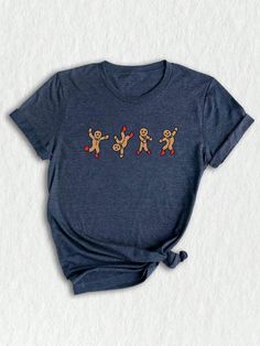 Introducing our Gingerbread Man Dancing Shirt, a humorous and festive addition to your Christmas wardrobe. This Funny Christmas Shirt showcases a playful baker-themed design, making it a perfect choice for those who appreciate the joy of baking during the holiday season.Gingerbread Man Dancing Shirt, Funny Christmas Shirt, Funny Baker Tee, Christmas T-Shirt, Holiday Shirt, Christmas Cookies Tee Navy Heather Casual  Short Sleeve  Animal,Cartoon,Christmas,Colorblock,Figure,Geometric,Graphic,Letter,Striped,Plants,Textured Pattern    Women Clothing, size features are:Bust: ,Length: ,Sleeve Length: Holiday Pun Shirts, Joy Of Baking, Man Dancing, Christmas Wardrobe, Christmas Shirt Funny, Cartoon Christmas, Dance Shirts, Animal Cartoon, Geometric Graphic