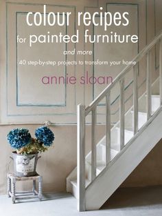 a white staircase with blue flowers on it and the words color recipes for painted furniture