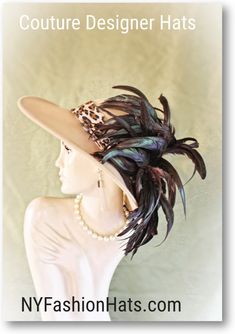 "Haute Couture Motif Premium Golden Beige Winter Wool Formal Brown Coque Feathered Designer Statement Hat For Women. This Old Hollywood Vintage Inspired Wool Fall Hat Is Trimmed With Long Exotic Brown Iridescent Rooster Coque Feathers. Note: We Did Not Skimp On Feathers. A Velvet Leopard Animal Print Band Encircles The Crown Of This High-Fashion Hat. This High-Fashion Statement Hat Is A Showpiece. This Is A One Of A Kind Hat. This Motf Premium Fashion Hat Is Hand Made By Couture Designer Hats - Statement Hat, Hollywood Vintage, Thoroughbred Horse Racing, Fall Hats, Kentucky Derby Hats, Couture Accessories, Feather Hat, Designer Hats, Derby Hat