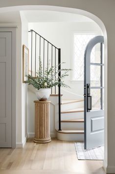 an entry way with a plant in a vase