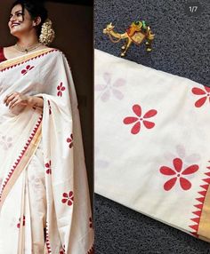 Kerala Kasavu floral print saree. Floral Printed Saree, Cotton Dupatta With Floral Print For Festivals, Cotton Floral Print Dupatta For Festivals, Floral Print Cotton Dupatta For Festivals, Bollywood White Saree With Floral Print, Traditional Spring Saree With Printed Motifs, Unstitched White Floral Print Blouse Piece, White Semi-stitched Saree With Printed Motifs, White Bollywood Blouse With Floral Print