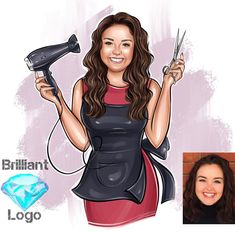 a caricature of a woman holding a hair dryer and scissors in her hand