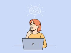 a woman sitting in front of a laptop with a thought bubble above her head