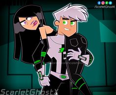 an animated image of two people dressed in black and white outfits, one is holding the other