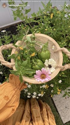 a basket filled with lots of green and white flowers