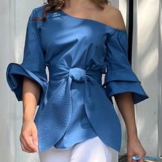 Orcajump - Solid Slanted Shoulder Blouse, Elegant Bow Tie Layered Blouse, Women's Clothing Blouse Elegant, Elegant Fabric, Layered Blouse, Bow Blouse, Style Elegant, Summer Fall, Dance Wear, Bow Tie, Chic Style