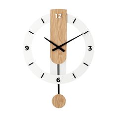 a wooden clock with white and black numbers on the face is shown in front of a white background