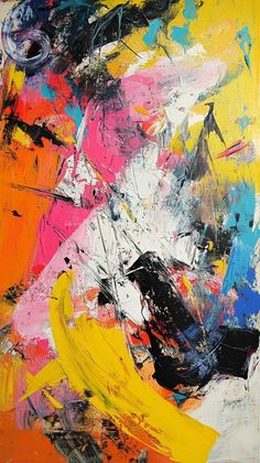 an abstract painting with multiple colors and black, yellow, pink, blue, white