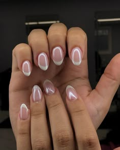 Cute Simple Nails For Short Nails, Short Tip French Nails, Cruise Nails Simple, Short French Nails Chrome, French Tip W Chrome, Light Pink French Tip With Chrome, Plain Hoco Nails, Nude Nails With Silver Design, Almond French Tip With Chrome