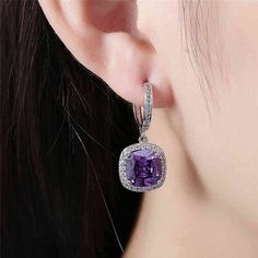 Formal Crystal Earrings With Plating, Elegant Evening Crystal Earrings With Plating, Elegant Purple Drop Earrings, Elegant Purple Evening Jewelry, Elegant Purple Jewelry For Evening, Round Crystal Earrings For Evening, Elegant Purple Earrings For Pierced Ears, Glamorous Purple Drop Earrings, Glamorous Purple Jewelry For Evening