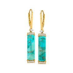 PRICES MAY VARY. 18kt yellow gold over sterling silver, topaz and stabilized turquoise earrings for women. Stabilized turquoise, 0.20 ct. t.w. topaz. 1/4" wide, 1 5/8" hanging length. Lever backing provides extra security and comfort. Round shape white topaz and rectangle shape blue stabilized turquoise. Polished 18kt yellow gold over sterling silver. Includes jewelry presentation box. Due to the naturally occurring characteristics of gemstones, each is unique and may exhibit imperfections such Earrings Outfit, Turquoise Hoop Earrings, Turquoise Drop Earrings, White Topaz Rings, Topaz Color, Boot Jewelry, Butterfly Pendant Necklace, Fine Jewelery, Natural Gold