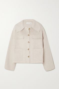 LOULOU STUDIO's jacket will make any outfit feel so effortlessly chic. It's made from wool and cashmere-blend felt and has a boxy shape that'll layer easily over a tank or T-shirt. Neutral Cashmere Long Sleeve Outerwear, Neutral Long Sleeve Cashmere Outerwear, Chic Cashmere Outerwear With Button Closure, Chic Cashmere Outerwear For Work, Felt Jacket, Winter Work Wear, Loulou Studio, Cashmere Jacket, Cropped Leather Jacket