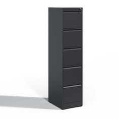 a tall black filing cabinet with five drawers