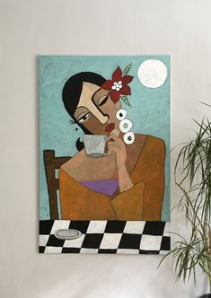 a painting of a woman sitting at a table drinking from a cup with the moon in the background