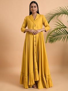 Yellow Cotton Silk Jacket Dress By The Neem Tree now available at Trendroots Yellow Fits, Silk Maxi, Colored Pants, Silk Jacket, Silk Maxi Dress, Large Bust, Shawl Collar, Small Bust, Cotton Silk