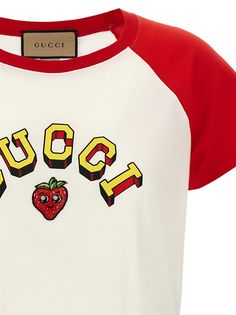 100% cotton Gucci Graphic Cotton T-shirt, Designer Graphic Print T-shirt With Crew Neck, Designer Short Sleeve T-shirt With Logo Detail, Streetwear T-shirt With Appliqué Logo And Short Sleeves, Designer Short Sleeve Cotton T-shirt, Designer Cotton Short Sleeve T-shirt, Red Gucci Cotton Top, Cotton Graphic Tee With Appliqué Logo, Luxury Summer Shirt With Graphic Print