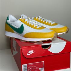 New In Box Nike Daybreak White, Yellow Ochre, Neptune Green. Style #Dx3313100 Men Size 9. Retro Style With Waffle Sole With Leather Accents (Swoosh And Trim) On A White Nylon Sneaker. Pristine Condition, No Blemishes. Casual,Fashion Forward Sneaker Yellow Retro Sneakers With Boost Midsole, Yellow Sneakers With Rubber Sole For Errands, Yellow Nike Sneakers For Errands, Yellow Nike Sneakers For Running Errands, Nike Yellow Sneakers For Casual Wear, Yellow Nike Sneakers For Casual Wear, Yellow Running Shoes With Rubber Waffle Outsoles For Sports, Yellow Running Shoes With Rubber Waffle Outsoles, Nike Daybreak