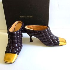 Bottega Veneta Quilted Leather Metallic Toe High Heel Mules Size 39 Features: Soft Leather Upper And Lining, Leather Sole, Square Toeline, Quilte, High Heel, Heel Height Approx 3.75" Made In Italy New In Box! Never Worn! Chic Purple Leather Heels, Elegant Purple Square Toe Heels, Purple Leather Pointed Toe Heels, Purple Leather Heels With Pointed Toe, Purple Square Toe Heels For Formal Occasions, Purple Leather Square Toe Heels, Luxury Purple Pointed Toe Heels, Purple Square Toe Leather Heels, Designer Purple Leather Heels